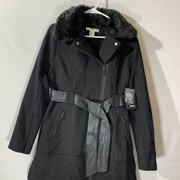 Mason Signature NWT Long Winter Coat Black Fur Collar Womens M - Picture 2 of 9